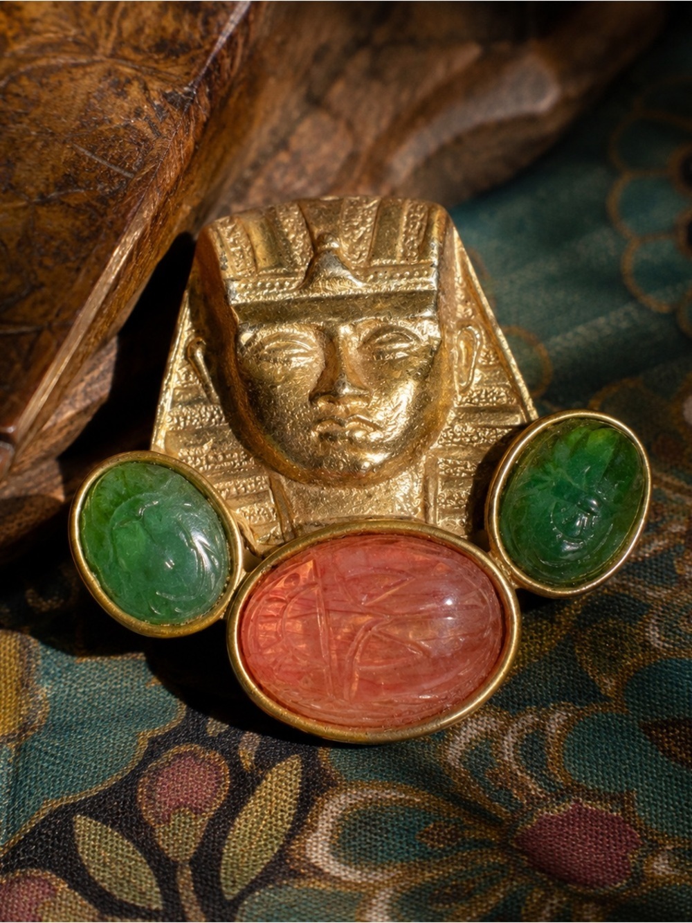 Vintage Alexis Kirk Egyptian Revival Brooch Unsigned Pharaoh Glass Scarab Pin